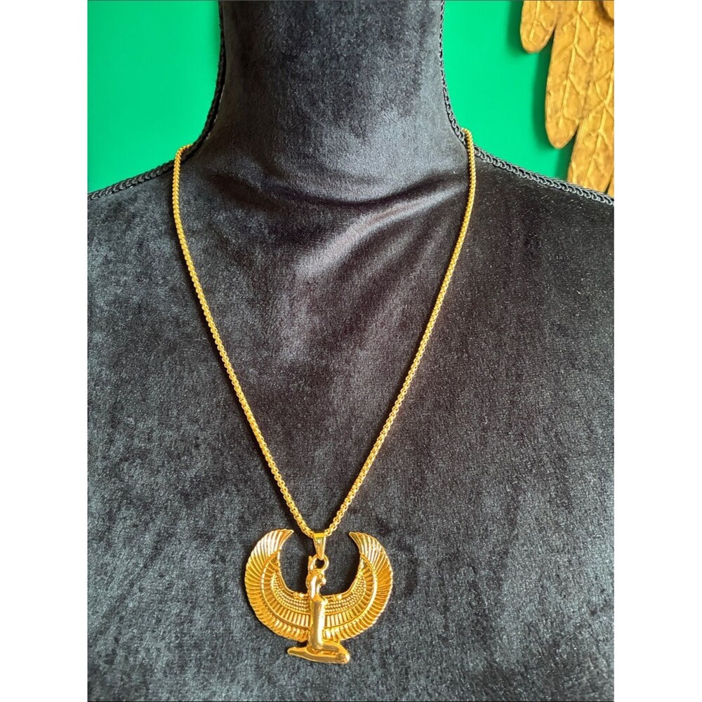 Egyptian Revival Style Winged Goddess Isis pendant necklace goldtone Mythology
